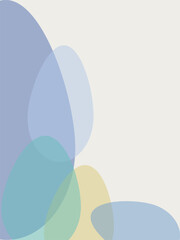 Vertical abstract composition of overlapping transparent oval shapes in blue, teal, and yellow tones. Soft minimalist background for Easter or design.