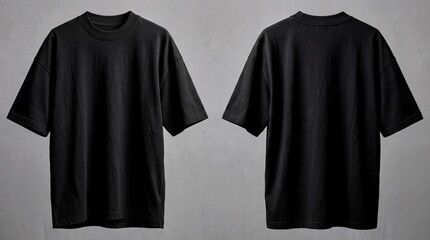 Front and back view of a plain black oversized t-shirt, isolated on a neutral background.