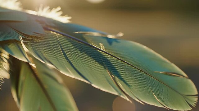 Cinematic close up of soft teal green plumage swaying gently in a warm breeze under bright golden hour sunlight highlighting the smooth detailed barbules smooth, plumage, nature