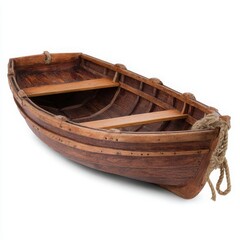 An old wooden rowboat with weathered planks and a thick rope tied to the stern