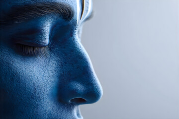 Male deity with blue skin in profile with closed eye. Concept of Shiva for Maha Shivaratri religious holiday celebration. Hindu god meditating.