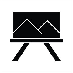 Minimalist black icon representing an artist's easel holding a canvas with a simple mountain landscape drawing, symbolizing creativity, art, and the painting process in a clean graphic design