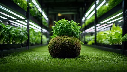 A moss ball with green plants on artificial turf in an indoor vertical farm with illuminated racks of leafy greens.
