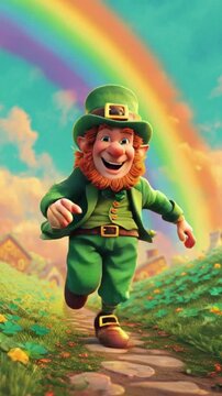 Happy leprechaun running against a vibrant rainbow background, playful St. Patrick&rsquo;s Day concept featuring Irish tradition, luck, and festive celebration energy vertical.