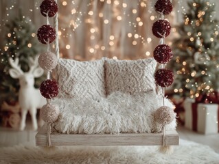 
**Keywords:**
``cozy swing, Christmas swing, winter decor, fluffy pillows, holiday decorations, warm lights, knitted blanket, festive interior, Christmas tree, holiday background, cozy home, 