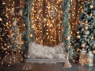 Festive swing with pine garland and gold baubles in glowing Christmas background with bokeh lights
useful for christmas backdrops