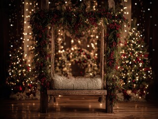 Festive swing with pine garland and gold baubles in glowing Christmas background with bokeh lights
useful for christmas backdrops