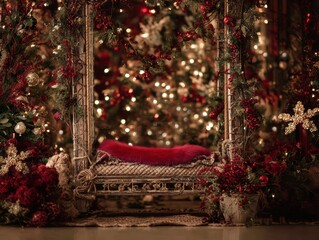 Festive swing with pine garland and gold baubles in glowing Christmas background with bokeh lights
useful for christmas backdrops