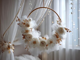 Elegant floral swing with white roses, gold accents and tulle in luxurious soft-lit interior, spring or wedding backdrop
