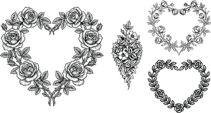 Rose heart frame with botanical line art vector illustration