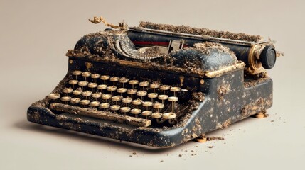 Vintage typewriter covered in dust and dirt shows the passage of time and forgotten stories waiting to be uncovered