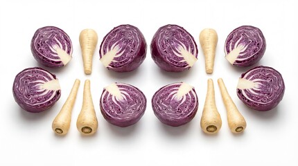 Vibrant red cabbage halves and fresh parsnips artfully arranged on a clean white surface