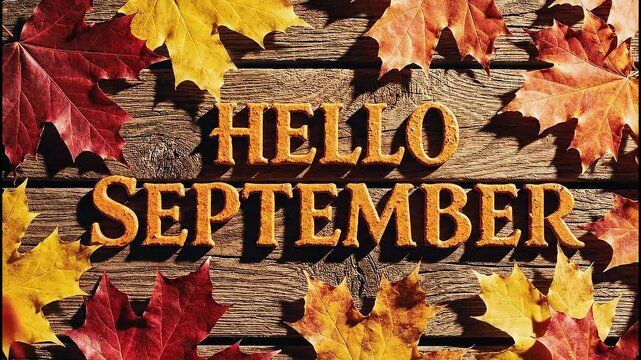 The phrase &ldquo;HELLO SEPTEMBER&rdquo; written in bold English style font, with colorful autumn leaves scattered on a rustic wooden background, celebrating cozy fall season