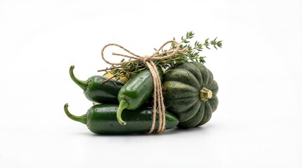 A charming bundle of fresh green jalapeno peppers, acorn squash, and thyme tied with twine on a white background