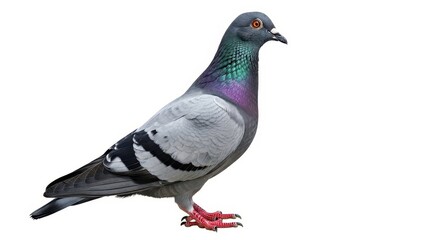 Feral rock pigeon side profile isolated on white with iridescent neck feathers.