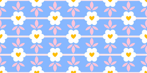 Obraz premium Seamless vector design with daisy blooms and soft pastel hues, adding a decorative and festive touch to nursery fabrics, children's clothing, and wrapping paper