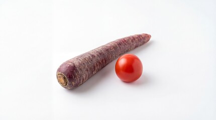 A vibrant purple carrot and a fresh red cherry tomato resting on a clean white surface