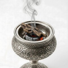 Traditional Silver Arabian Incense Burner with Smoking Oud Wood on Charcoal