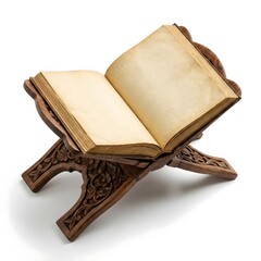 Open Holy Quran Book Mockup on Carved Wooden Rehal Stand with Blank Vintage Pages Isolated
