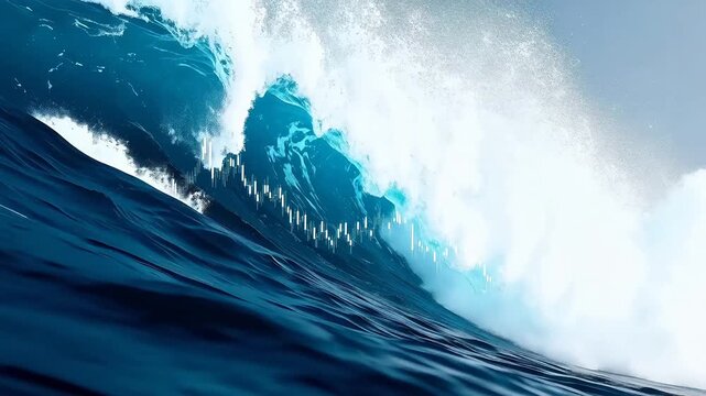 Large ocean wave with financial chart overlay