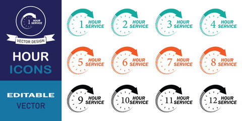 1 to 12 hour service icon set. Discount offer, support, delivery and more concept. 1 to 12 hour clock symbol collection. Support and availability logo set.