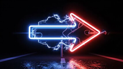 Vibrant neon arrow sign glowing with electric blue and fiery red light dynamically pointing towards the right creating a futuristic and energetic visual against a dark reflective background symbolizi.