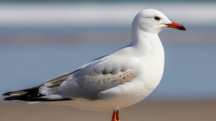 Seagull standing on sandy beach with ocean background.