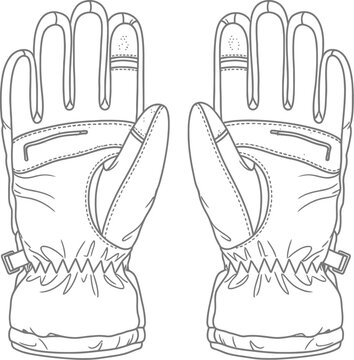 Detailed black and white line art illustration displaying a pair of heavy duty winter ski or snowboarding gloves featuring articulated fingers and wrist cinches