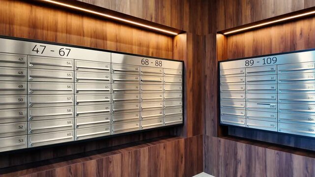 Apartment mailroom with numbered metal mailboxes and warm wood paneling, LED strip lighting &mdash; modern residential lobby interior, no people
