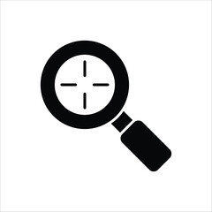Focused search and precise targeting concept icon with a magnifying glass and crosshair, symbolizing detailed analysis, strategic planning, and identifying key solutions