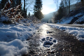 Tierpfoten im Schnee auf winterlichem Waldweg
