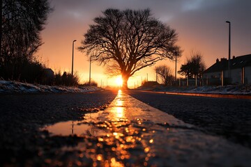 Sonnenaufgang &uuml;ber nasser Stra&szlig;e mit Spiegelung und Silhouetten
