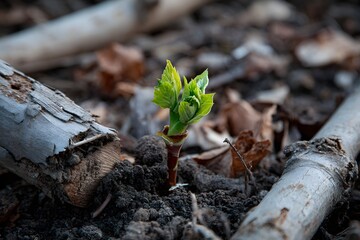 Junger gr&uuml;ner Spross w&auml;chst zwischen alten &Auml;sten im Waldboden

