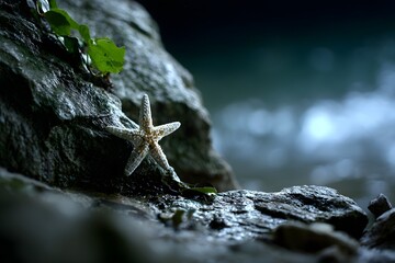 Seestern auf nassem Felsen am Meer in ruhiger Stimmung
