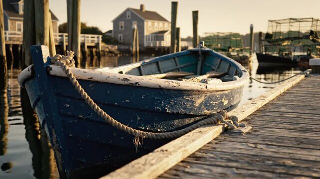 Charming close-up of a weathered blue rowboat tied to a wooden dock at sunset with calm water.