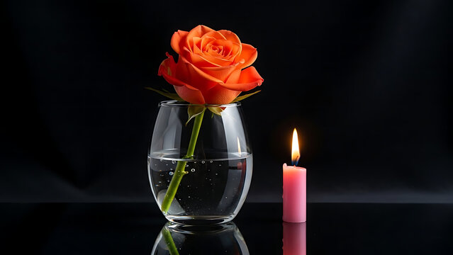 Single orange rose in vase beside lit candle - Powered by Adobe
