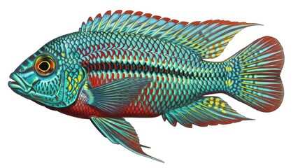 Vibrant tropical cichlid fish illustration isolated on white.