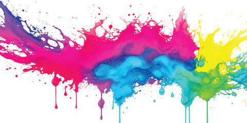 Vibrant Rainbow Paint Splatter Abstract Background with Cyan, Magenta, Yellow, Purple, and Green Ink Explosion, Dynamic Drips and Fluid Motion for Modern Graphic Design, Branding, Posters, 