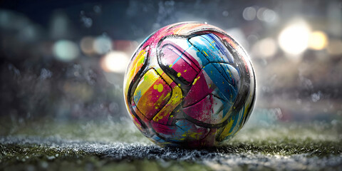 Vibrant Soccer Ball on Rainy Field, ai generated.