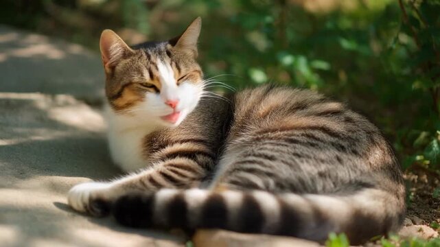 Calico and tabby cat lounging on a sunlit garden path with relaxed posture
