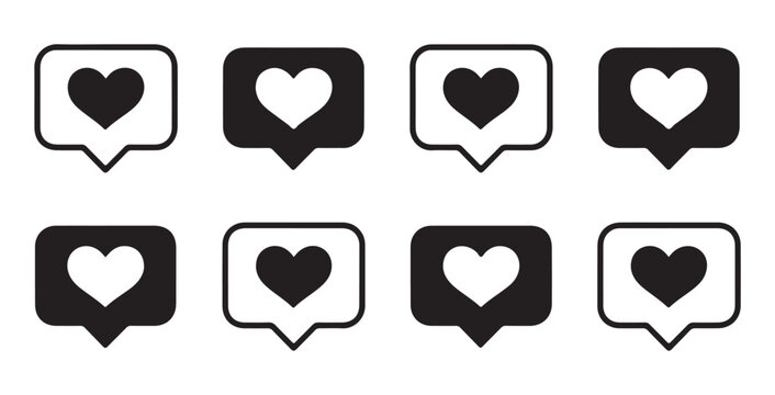 Social media notification icons set of hearts in speech bubbles