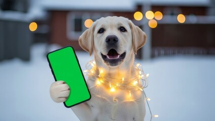 Cheerful Labrador retriever dog proudly showcasing a customizable green screen smartphone in a delightful festive snowy outdoor setting adorned with twinkling holiday lights