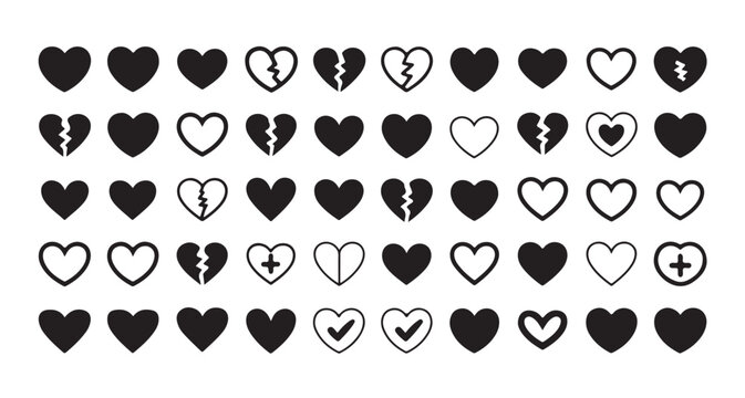 Diverse collection of heart shapes including broken mended outlined and solid styles representing love and emotion