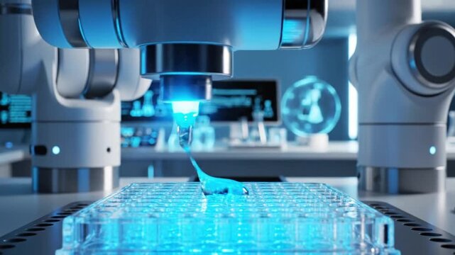 Automated Robotic Arm Dispensing Liquid into Microplate in Modern Laboratory Setting.