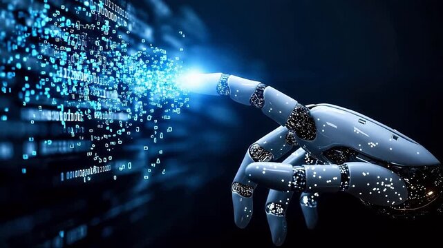 Robot hand interacting with digital data