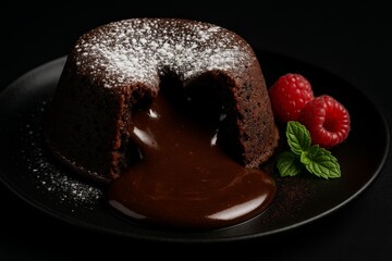 Chocolate lava cake with melted filling and raspberries on black plate  