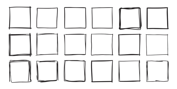 Hand drawn square frames. Doodle line square frame. Vector borders grunge template set.