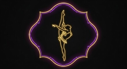 The elegant posture of a gymnast performing a split on a stage in a decorative emblem with neon lights