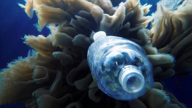 Plastic Bottles and Cups Polluting the Ocean Underwater with Light Piercing Through Blue Water