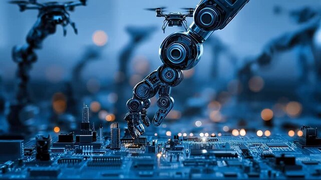 Futuristic robotic arm and drones